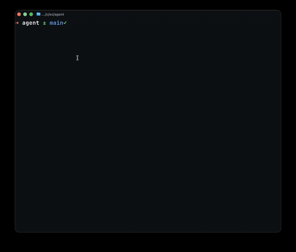 Terminal recording of the agent REPL streaming output, running a tool call, and returning a final answer.