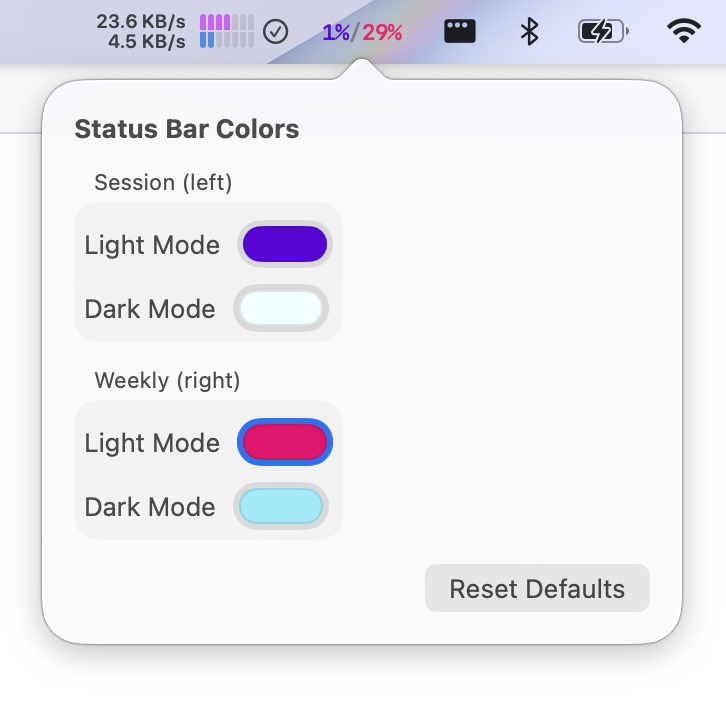 Codesh settings panel showing customizable status bar colors for session and weekly usage in light and dark mode.