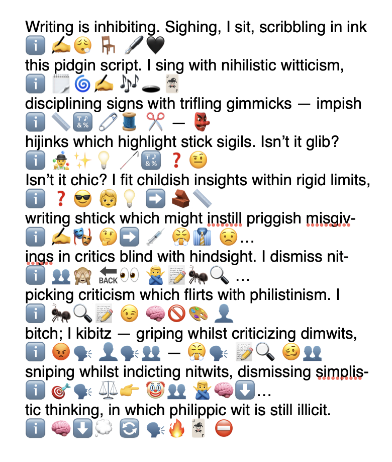 Woven Eunoia sample showing source text interleaved with emoji renderings, still anchored by the repeated information emoji at the start of each emoji line.