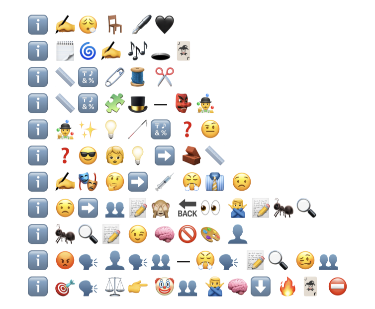 Emoji-only output for a Eunoia excerpt, with each line beginning with the blue information emoji on a white background.