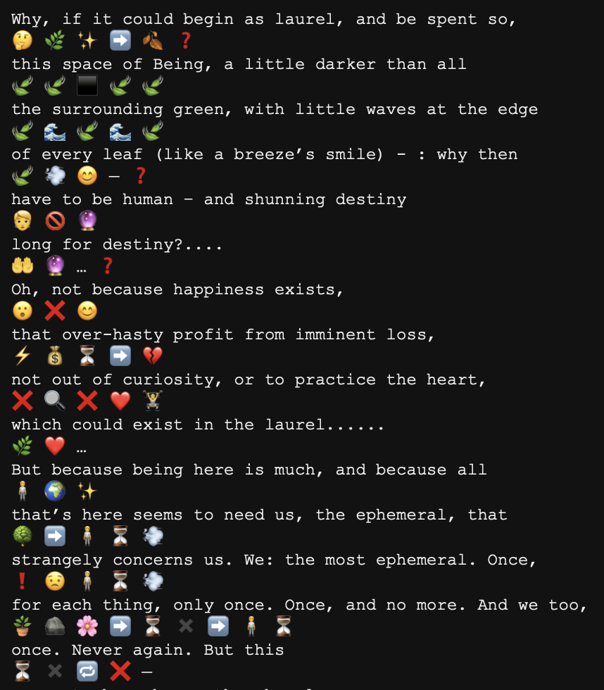 Screenshot of a Rilke Duino sample with source lines interleaved with emoji-only responses and a few question-mark markers in the output.