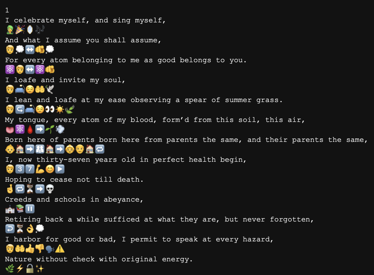 Screenshot of Walt Whitman lines with emoji-only companion lines, preserving one output line per source line across a longer passage.