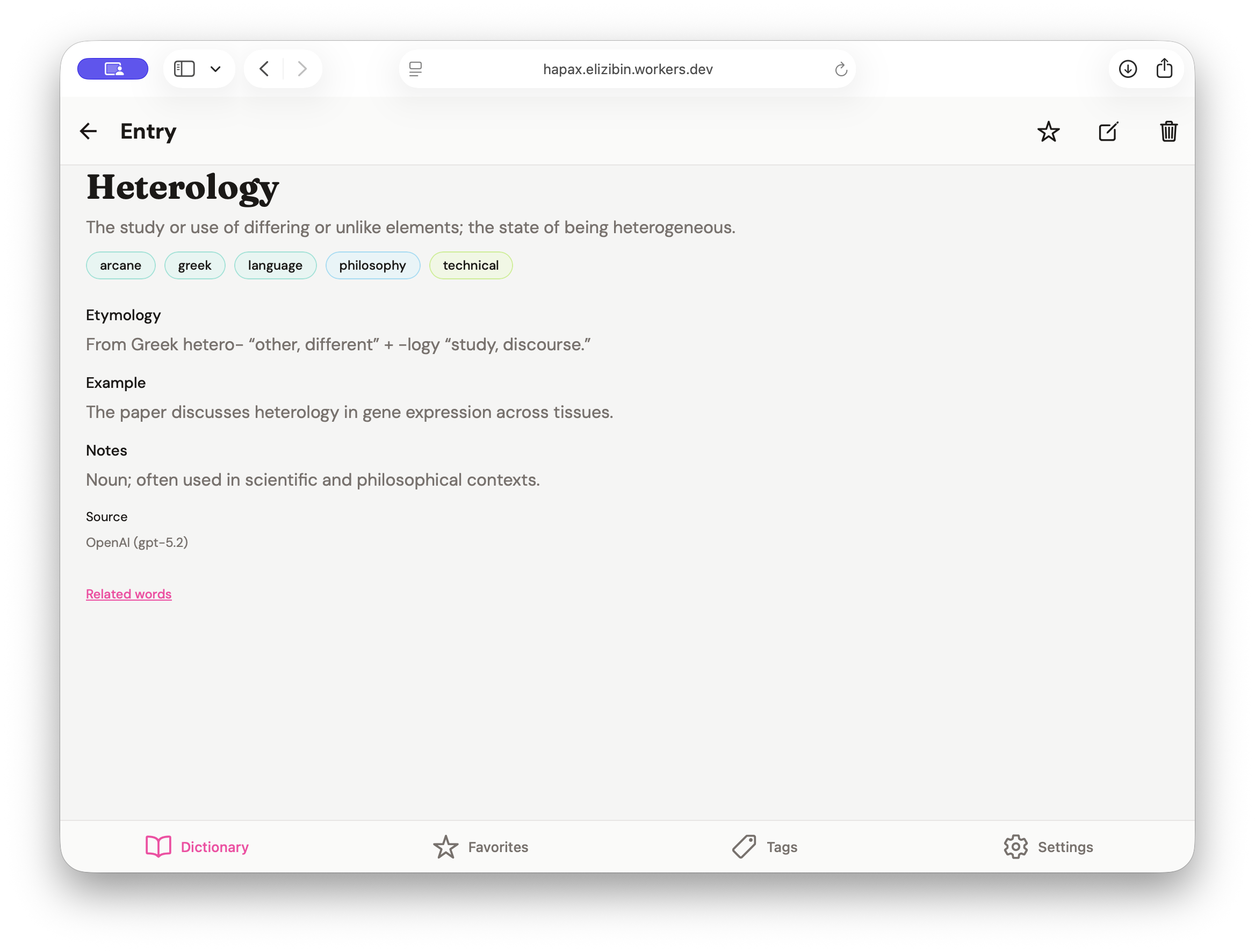 Hapax entry detail page on the web showing a word, tags, etymology, example, notes, and actions.