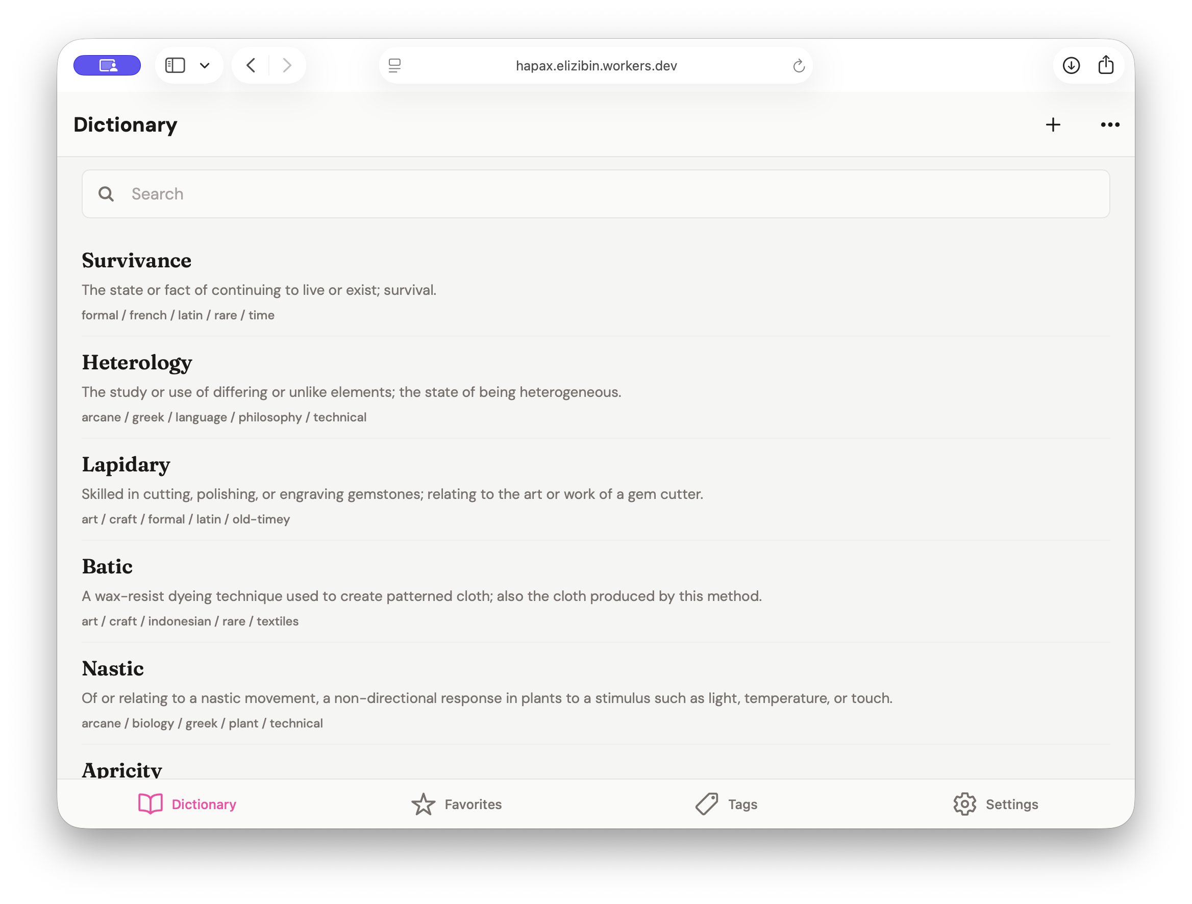 Hapax running in Safari on the web, showing the main dictionary list in light and dark modes.
