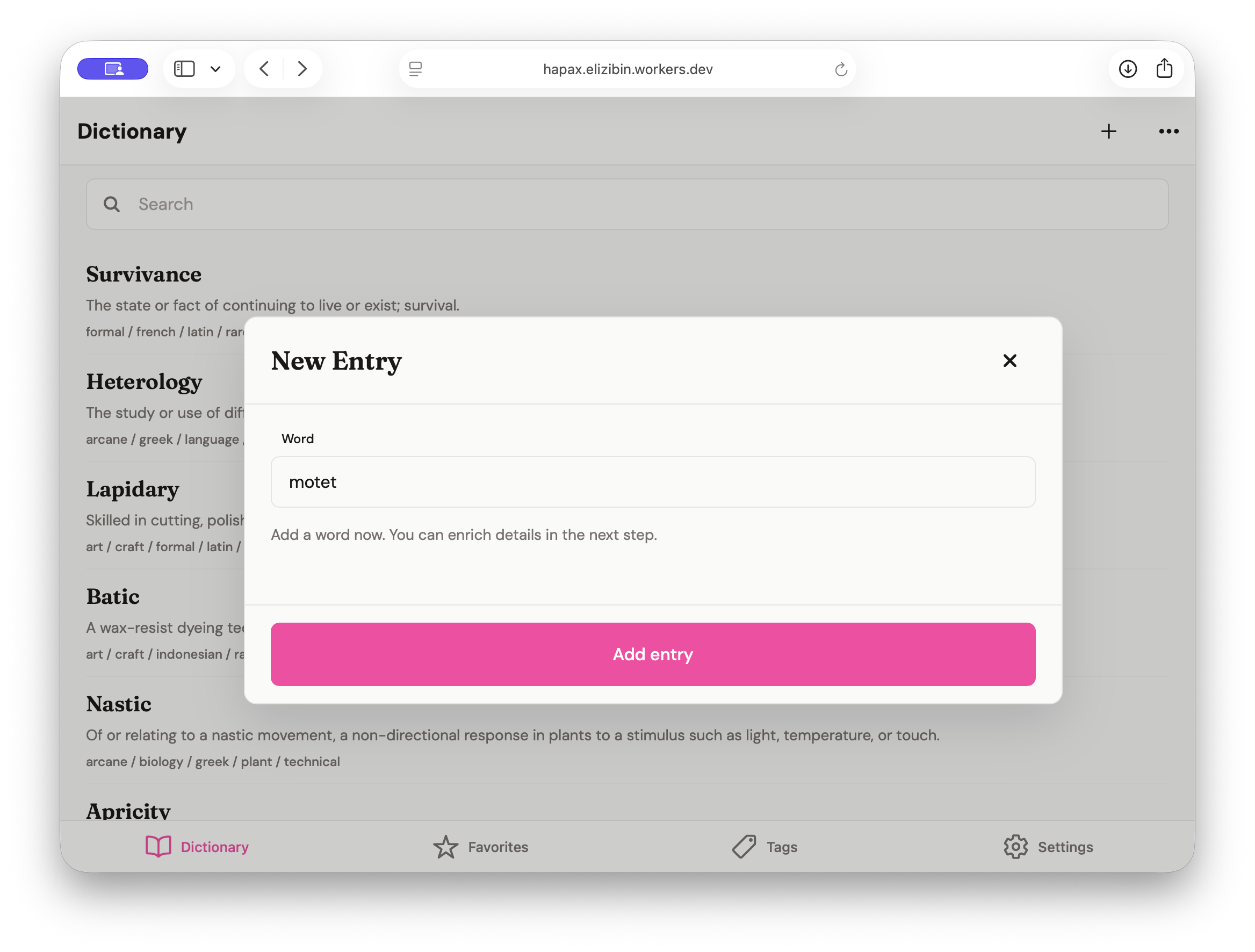 Add entry modal sheet on the web version of Hapax, with a word field and primary action button.