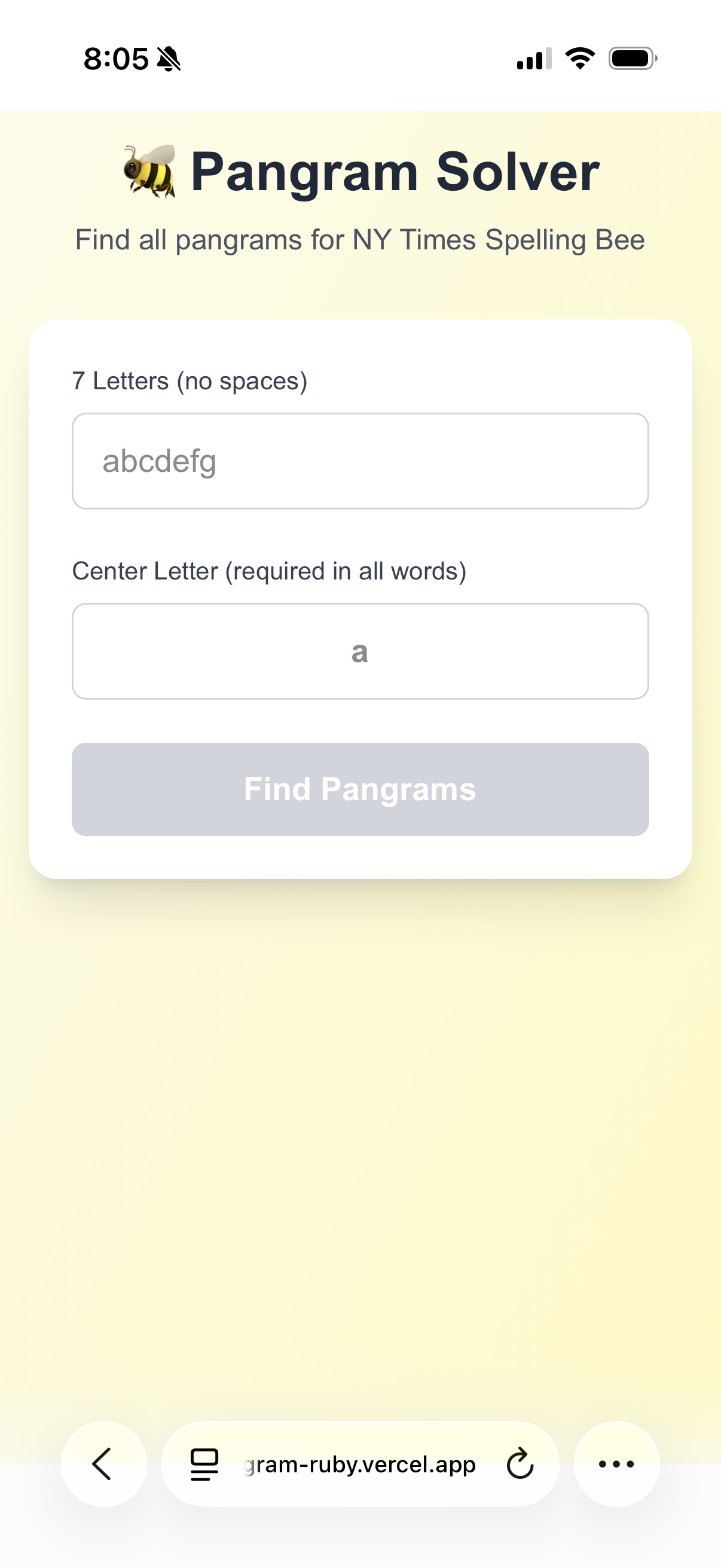 Mobile screenshot of the Pangram Solver app in its empty state with blank inputs and the Find Pangrams button disabled.