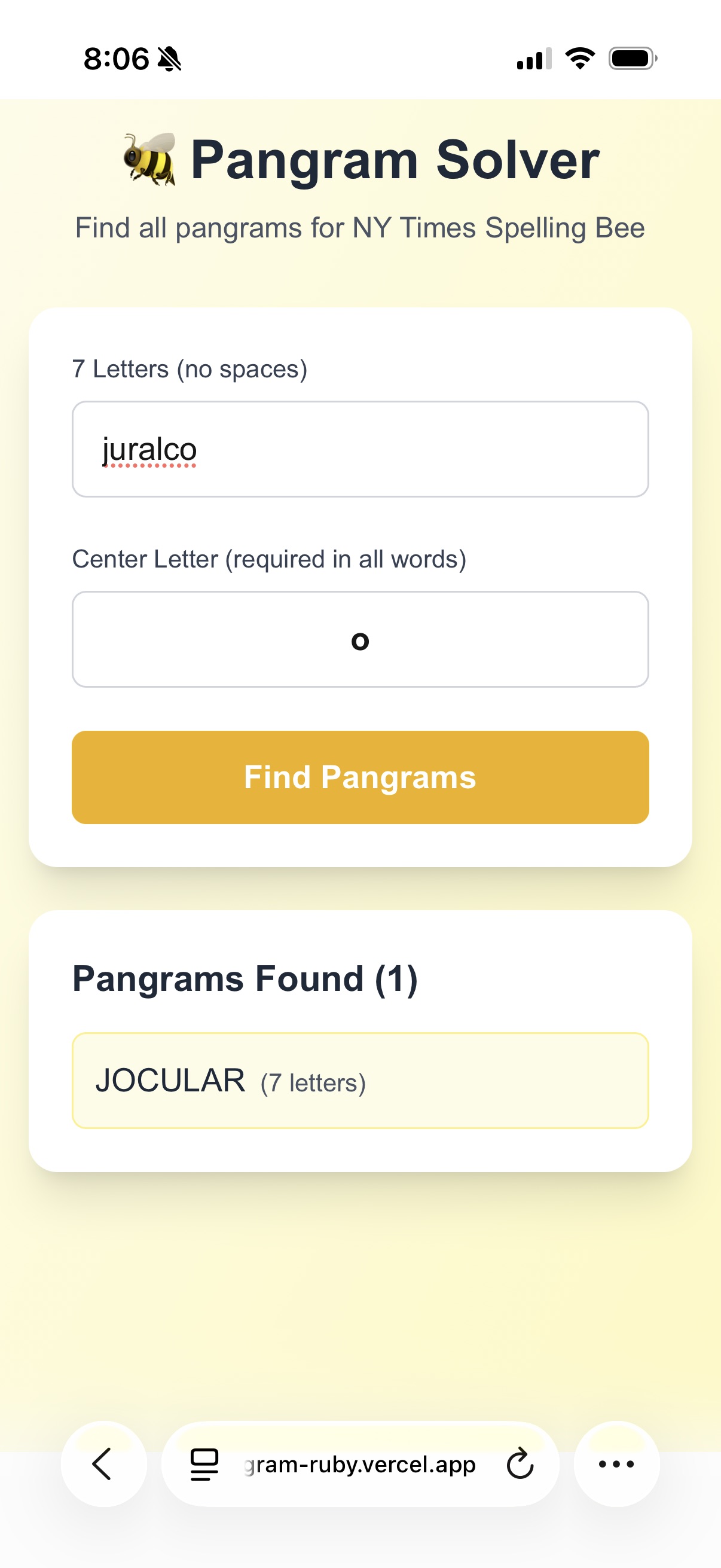 Mobile screenshot of the Pangram Solver app showing letters entered, center letter O selected, and JOCULAR returned as the pangram result.