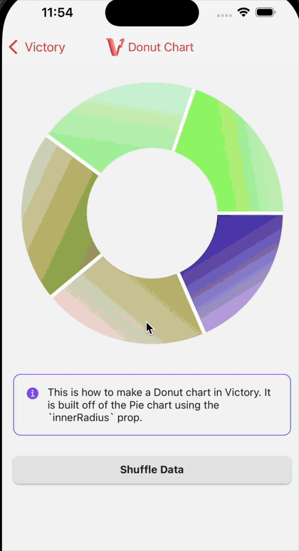 Animated mobile recording of a donut chart in Victory Native XL where values are shuffled and slice proportions animate.